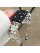 For Apple Watch Series 10 42mm / 9 8 7 41mm / SE (2023) SE (2022) SE 6 5 4 40mm / 3 2 1 38mm Strap Jewelry Bracelet - Laser Diamond+White Pearl / Sliding