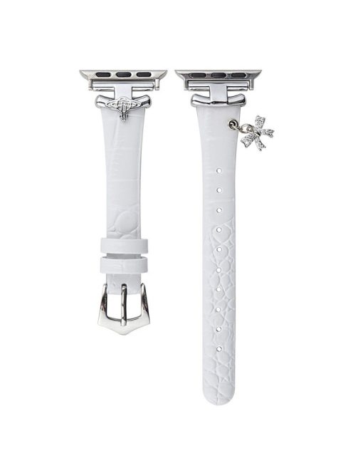 For Apple Watch Series 10 42mm / 9 8 7 41mm / SE (2023) SE (2022) SE 6 5 4 40mm / 3 2 1 38mm Strap with Saturn Pendant - White+Silver Buckle