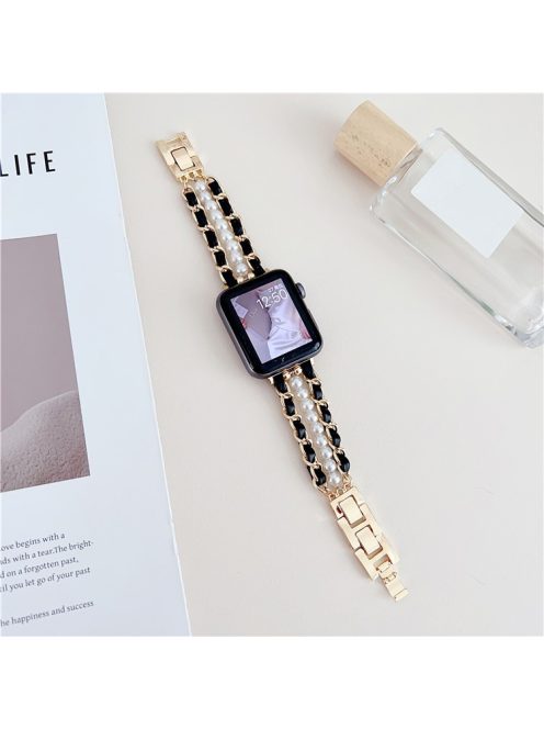 For Apple Watch Series 10 42mm / 9 8 7 41mm / SE (2023) SE (2022) SE 6 5 4 40mm / 3 2 1 38mm Watch Band Metal Chain Pearl Strap - Black+Gold