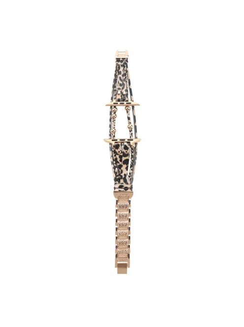 For Apple Watch Series 10 42mm / 9 8 7 41mm / SE (2023) SE (2022) SE 6 5 4 40mm / 3 2 1 38mm Watch Strap Braid+Alloy Strap - Leopard Rose Gold Beads