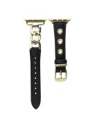 For Apple Watch Series 10 46mm / Ultra 2 Ultra 49mm /  Series 9 8 7 45mm / 6 5 4 SE (2023) SE (2022) SE 44mm / 3 2 1 42mm AW Watch Strap Chain Hole Genuine Cow Leather Band - Black+Gold Buckle