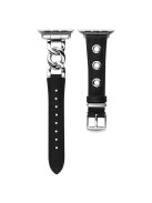 For Apple Watch Series 10 46mm / Ultra 2 Ultra 49mm /  Series 9 8 7 45mm / 6 5 4 SE (2023) SE (2022) SE 44mm / 3 2 1 42mm AW Watch Strap Chain Hole Genuine Cow Leather Band - Black+Silver Buckle