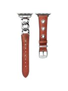 For Apple Watch Series 10 46mm / Ultra 2 Ultra 49mm /  Series 9 8 7 45mm / 6 5 4 SE (2023) SE (2022) SE 44mm / 3 2 1 42mm AW Watch Strap Chain Hole Genuine Cow Leather Band - Brick Red+Silver Buckle