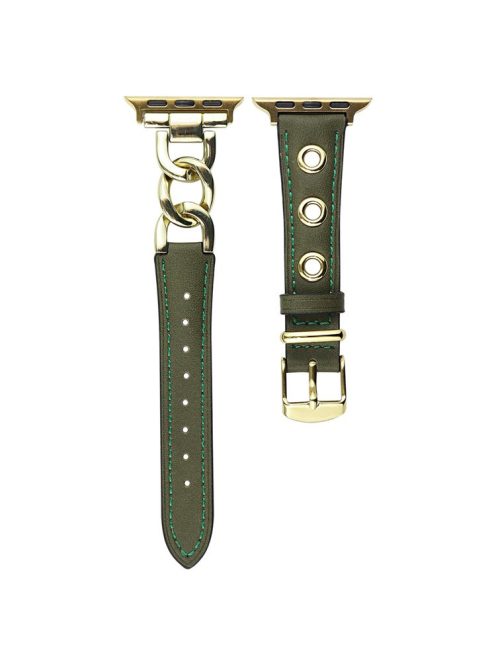 For Apple Watch Series 10 46mm / Ultra 2 Ultra 49mm /  Series 9 8 7 45mm / 6 5 4 SE (2023) SE (2022) SE 44mm / 3 2 1 42mm AW Watch Strap Chain Hole Genuine Cow Leather Band - Green+Gold Buckle