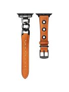 For Apple Watch Series 10 46mm / Ultra 2 Ultra 49mm /  Series 9 8 7 45mm / 6 5 4 SE (2023) SE (2022) SE 44mm / 3 2 1 42mm AW Watch Strap Chain Hole Genuine Cow Leather Band - Orange+Black Buckle