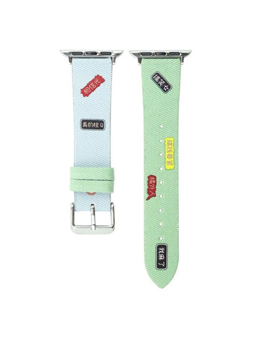 For Apple Watch Series 10 46mm / Ultra 2 Ultra 49mm /  Series 9 8 7 45mm / 6 5 4 SE (2023) SE (2022) SE 44mm / 3 2 1 42mm Cute Words Canvas Watchband Replacement Watch Strap - Baby Blue / Green