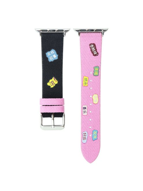 For Apple Watch Series 10 46mm / Ultra 2 Ultra 49mm /  Series 9 8 7 45mm / 6 5 4 SE (2023) SE (2022) SE 44mm / 3 2 1 42mm Cute Words Canvas Watchband Replacement Watch Strap - Black / Pink