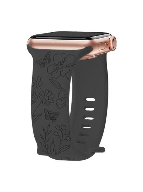 For Apple Watch Series 10 46mm / Ultra 2 Ultra 49mm /  Series 9 8 7 45mm / 6 5 4 SE (2023) SE (2022) SE 44mm / 3 2 1 42mm Engraved Silicone Watch Band - Butterfly / Black