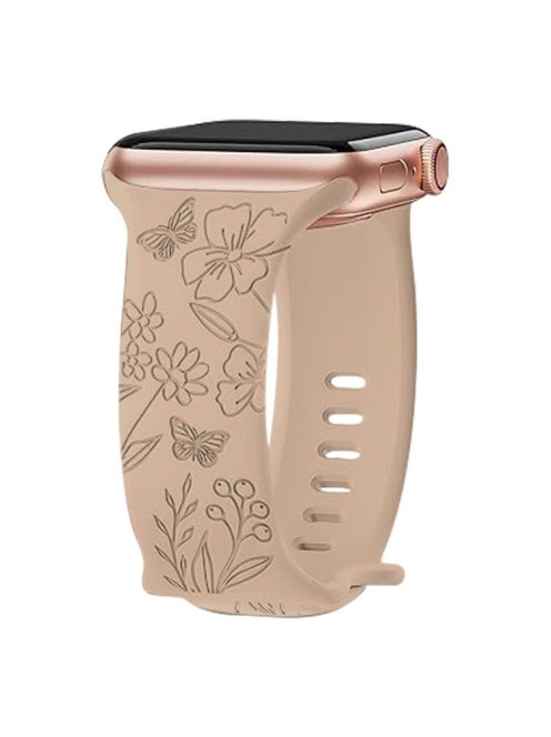 For Apple Watch Series 10 46mm / Ultra 2 Ultra 49mm /  Series 9 8 7 45mm / 6 5 4 SE (2023) SE (2022) SE 44mm / 3 2 1 42mm Engraved Silicone Watch Band - Butterfly / Milk Tea