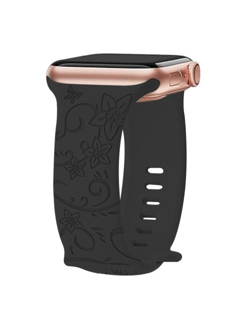 For Apple Watch Series 10 46mm / Ultra 2 Ultra 49mm /  Series 9 8 7 45mm / 6 5 4 SE (2023) SE (2022) SE 44mm / 3 2 1 42mm Engraved Silicone Watch Band - Floral / Black