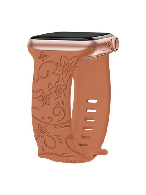 For Apple Watch Series 10 46mm / Ultra 2 Ultra 49mm /  Series 9 8 7 45mm / 6 5 4 SE (2023) SE (2022) SE 44mm / 3 2 1 42mm Engraved Silicone Watch Band - Floral / Brown