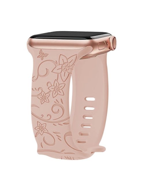 For Apple Watch Series 10 46mm / Ultra 2 Ultra 49mm /  Series 9 8 7 45mm / 6 5 4 SE (2023) SE (2022) SE 44mm / 3 2 1 42mm Engraved Silicone Watch Band - Floral / Milk Tea