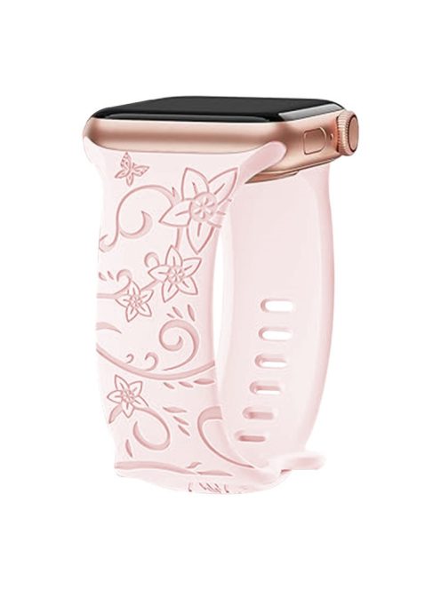 For Apple Watch Series 10 46mm / Ultra 2 Ultra 49mm /  Series 9 8 7 45mm / 6 5 4 SE (2023) SE (2022) SE 44mm / 3 2 1 42mm Engraved Silicone Watch Band - Floral / Pink