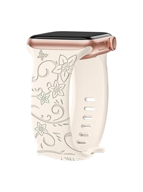 For Apple Watch Series 10 46mm / Ultra 2 Ultra 49mm /  Series 9 8 7 45mm / 6 5 4 SE (2023) SE (2022) SE 44mm / 3 2 1 42mm Engraved Silicone Watch Band - Floral / Starlight