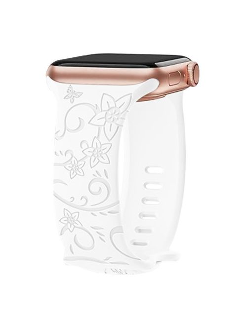 For Apple Watch Series 10 46mm / Ultra 2 Ultra 49mm /  Series 9 8 7 45mm / 6 5 4 SE (2023) SE (2022) SE 44mm / 3 2 1 42mm Engraved Silicone Watch Band - Floral / White