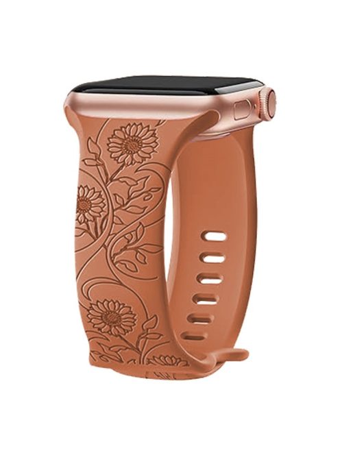 For Apple Watch Series 10 46mm / Ultra 2 Ultra 49mm /  Series 9 8 7 45mm / 6 5 4 SE (2023) SE (2022) SE 44mm / 3 2 1 42mm Engraved Silicone Watch Band - Sunflower / Brown