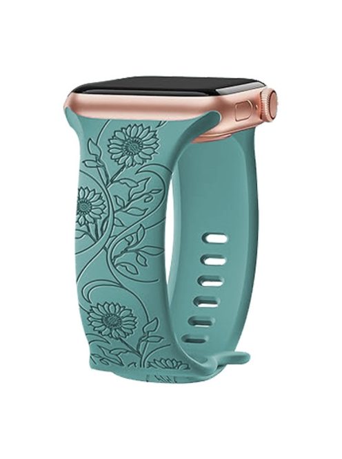 For Apple Watch Series 10 46mm / Ultra 2 Ultra 49mm /  Series 9 8 7 45mm / 6 5 4 SE (2023) SE (2022) SE 44mm / 3 2 1 42mm Engraved Silicone Watch Band - Sunflower / Green