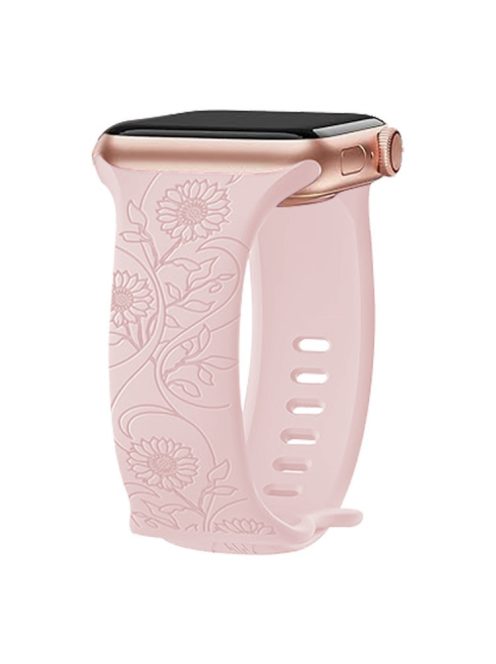 For Apple Watch Series 10 46mm / Ultra 2 Ultra 49mm /  Series 9 8 7 45mm / 6 5 4 SE (2023) SE (2022) SE 44mm / 3 2 1 42mm Engraved Silicone Watch Band - Sunflower / Pink