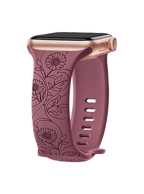 For Apple Watch Series 10 46mm / Ultra 2 Ultra 49mm /  Series 9 8 7 45mm / 6 5 4 SE (2023) SE (2022) SE 44mm / 3 2 1 42mm Engraved Silicone Watch Band - Sunflower / Purple