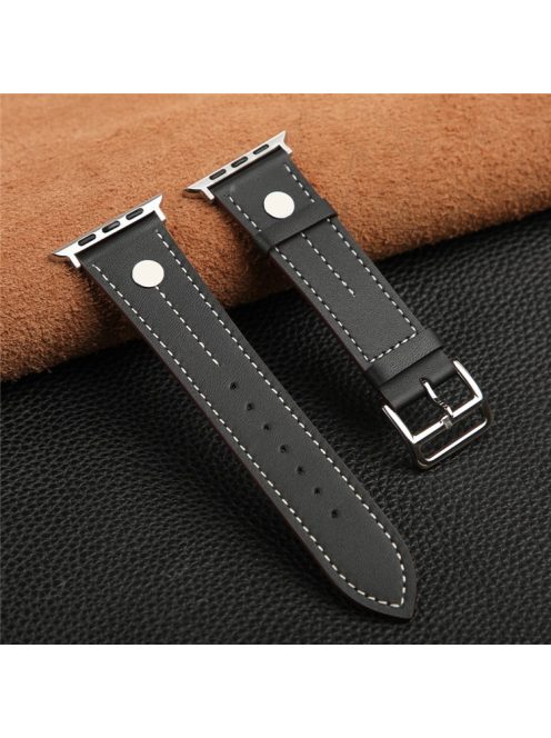 For Apple Watch Series 10 46mm / Ultra 2 Ultra 49mm /  Series 9 8 7 45mm / 6 5 4 SE (2023) SE (2022) SE 44mm / 3 2 1 42mm Genuine Cow Leather Band Rivet Decor Strap - Black