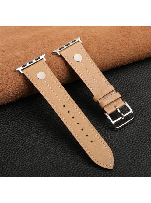 For Apple Watch Series 10 46mm / Ultra 2 Ultra 49mm /  Series 9 8 7 45mm / 6 5 4 SE (2023) SE (2022) SE 44mm / 3 2 1 42mm Genuine Cow Leather Band Rivet Decor Strap - Light Yellow