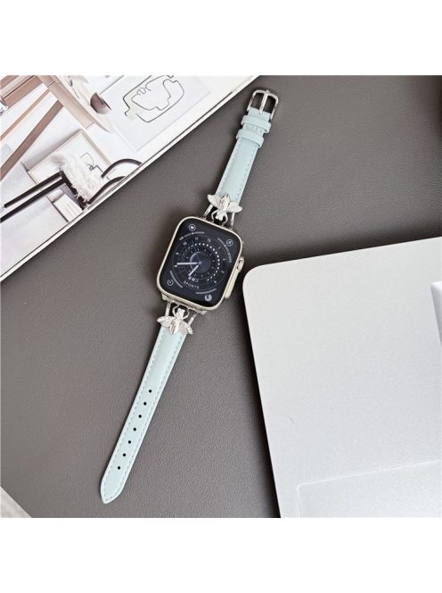 For Apple Watch Series 10 46mm / Ultra 2 Ultra 49mm /  Series 9 8 7 45mm / 6 5 4 SE (2023) SE (2022) SE 44mm / 3 2 1 42mm Genuine Cow Leather Watchband Bee Decoration Watch Strap - Baby Blue