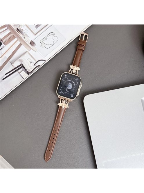 For Apple Watch Series 10 46mm / Ultra 2 Ultra 49mm /  Series 9 8 7 45mm / 6 5 4 SE (2023) SE (2022) SE 44mm / 3 2 1 42mm Genuine Cow Leather Watchband Bee Decoration Watch Strap - Brown