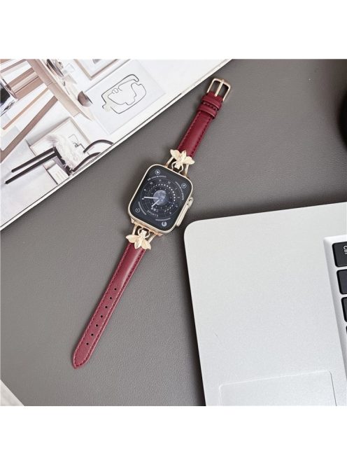 For Apple Watch Series 10 46mm / Ultra 2 Ultra 49mm /  Series 9 8 7 45mm / 6 5 4 SE (2023) SE (2022) SE 44mm / 3 2 1 42mm Genuine Cow Leather Watchband Bee Decoration Watch Strap - Wine Red