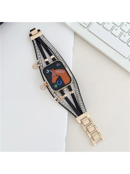 For Apple Watch Series 10 46mm / Ultra 2 Ultra 49mm /  Series 9 8 7 45mm / 6 5 4 SE (2023) SE (2022) SE 44mm / 3 2 1 42mm Metal Leather Strap Flower Pendant Bracelet Watch Band - Black