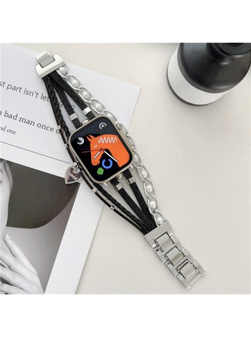 For Apple Watch Series 10 46mm / Ultra 2 Ultra 49mm /  Series 9 8 7 45mm / 6 5 4 SE (2023) SE (2022) SE 44mm / 3 2 1 42mm Metal Leather Strap Heart Pendant Bracelet Watch Band - Black