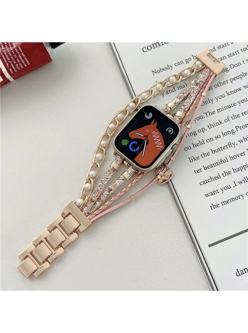 For Apple Watch Series 10 46mm / Ultra 2 Ultra 49mm /  Series 9 8 7 45mm / 6 5 4 SE (2023) SE (2022) SE 44mm / 3 2 1 42mm Metal Leather Strap Heart Pendant Bracelet Watch Band - Rose Gold