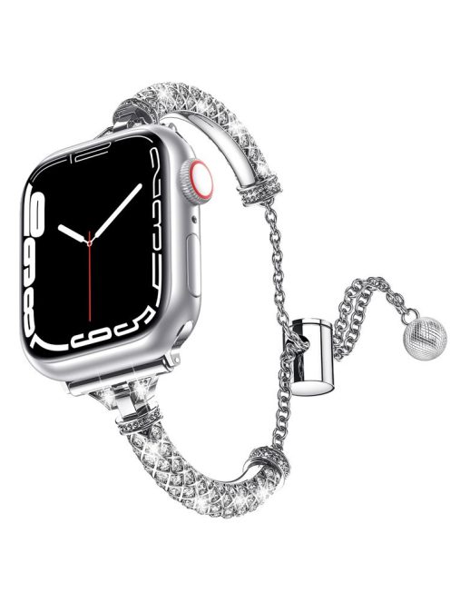 For Apple Watch Series 10 46mm / Ultra 2 Ultra 49mm /  Series 9 8 7 45mm / 6 5 4 SE (2023) SE (2022) SE 44mm / 3 2 1 42mm Metal Watch Strap Rhinestone Decorated Stretch Jewelry Wrist Band - Silver