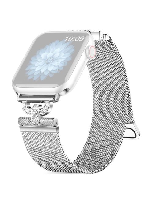 For Apple Watch Series 10 46mm / Ultra 2 Ultra 49mm /  Series 9 8 7 45mm / 6 5 4 SE (2023) SE (2022) SE 44mm / 3 2 1 42mm Milanese Stainless Steel Band Rhinestones D-Shape Design Watch Strap - Silver