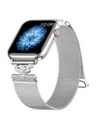 For Apple Watch Series 10 46mm / Ultra 2 Ultra 49mm /  Series 9 8 7 45mm / 6 5 4 SE (2023) SE (2022) SE 44mm / 3 2 1 42mm Milanese Stainless Steel Band Rhinestones D-Shape Design Watch Strap - Silver