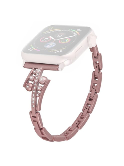 For Apple Watch Series 10 46mm / Ultra 2 Ultra 49mm /  Series 9 8 7 45mm / 6 5 4 SE (2023) SE (2022) SE 44mm / 3 2 1 42mm Repalcement Metal Watch Band Rhinestone Decor Wrist Strap - Rose Pink