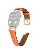 For Apple Watch Series 10 46mm / Ultra 2 Ultra 49mm /  Series 9 8 7 45mm / 6 5 4 SE (2023) SE (2022) SE 44mm / 3 2 1 42mm Rhinestone Decor Genuine Cowhide Leather Strap with Rose Gold Buckle - Orange