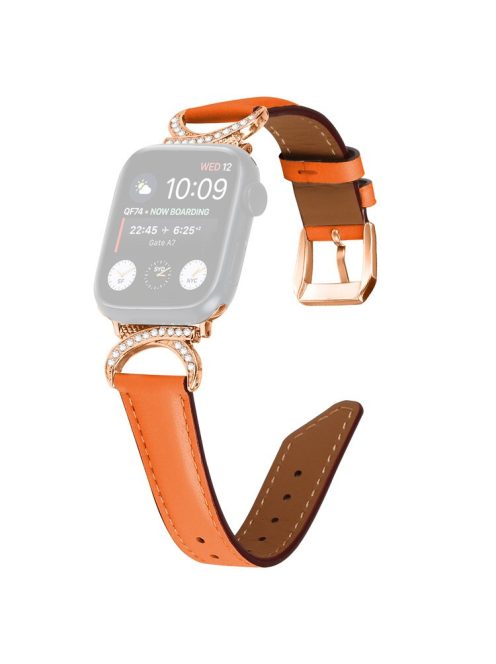 For Apple Watch Series 10 46mm / Ultra 2 Ultra 49mm /  Series 9 8 7 45mm / 6 5 4 SE (2023) SE (2022) SE 44mm / 3 2 1 42mm Rhinestone Decor Genuine Cowhide Leather Strap with Rose Gold Buckle - Orange