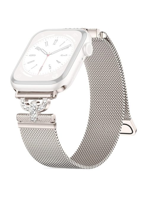 For Apple Watch Series 10 46mm / Ultra 2 Ultra 49mm /  Series 9 8 7 45mm / 6 5 4 SE (2023) SE (2022) SE 44mm / 3 2 1 42mm Rhinestones D-Shape Strap Stainless Steel Milanese Band - Starlight Color