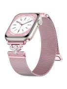 For Apple Watch Series 10 46mm / Ultra 2 Ultra 49mm /  Series 9 8 7 45mm / 6 5 4 SE (2023) SE (2022) SE 44mm / 3 2 1 42mm Rhinestones D-Shape Wrist Strap Stainless Steel Milanese Band - Rose Pink