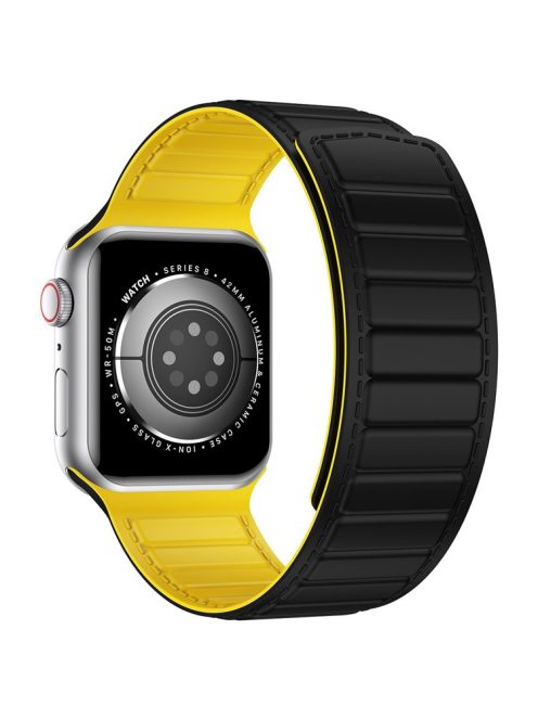 For Apple Watch Series 10 46mm / Ultra 2 Ultra 49mm /  Series 9 8 7 45mm / 6 5 4 SE (2023) SE (2022) SE 44mm / 3 2 1 42mm Silicone Watch Band Dual Color Magnetic Strap - Black+Yellow