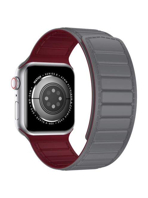 For Apple Watch Series 10 46mm / Ultra 2 Ultra 49mm /  Series 9 8 7 45mm / 6 5 4 SE (2023) SE (2022) SE 44mm / 3 2 1 42mm Silicone Watch Band Dual Color Magnetic Strap - Grey+Wine Red