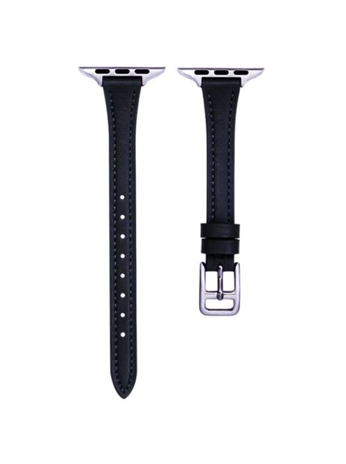 For Apple Watch Series 10 46mm / Ultra 2 Ultra 49mm /  Series 9 8 7 45mm / 6 5 4 SE (2023) SE (2022) SE 44mm / 3 2 1 42mm Slim Watch Strap Genuine Cow Leather Watch Band - Black