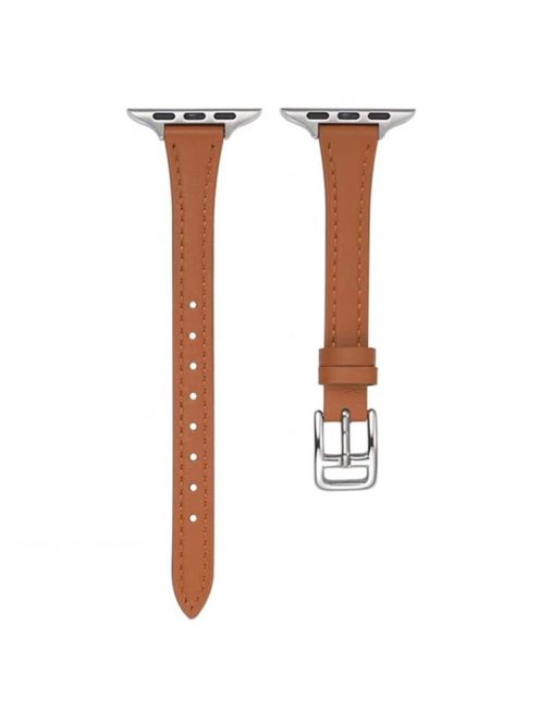 For Apple Watch Series 10 46mm / Ultra 2 Ultra 49mm /  Series 9 8 7 45mm / 6 5 4 SE (2023) SE (2022) SE 44mm / 3 2 1 42mm Slim Watch Strap Genuine Cow Leather Watch Band - Brown