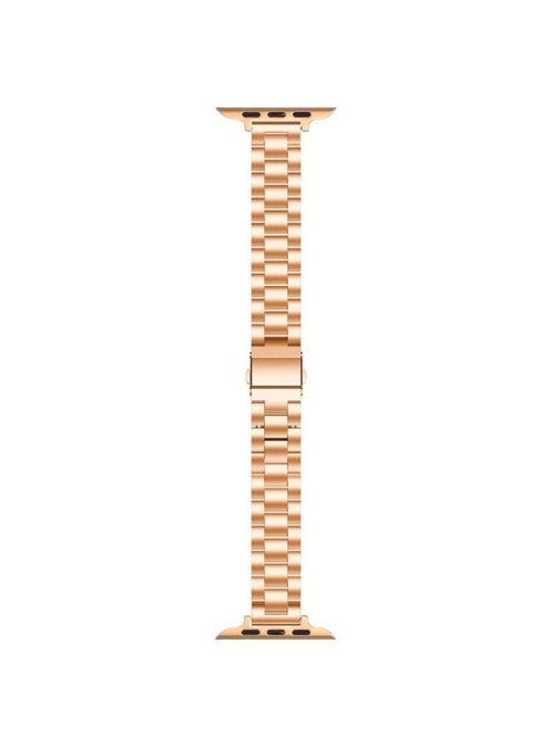 For Apple Watch Series 10 46mm / Ultra 2 Ultra 49mm /  Series 9 8 7 45mm / 6 5 4 SE (2023) SE (2022) SE 44mm / 3 2 1 42mm Three Beads Metal Watch Band  Slim Bracelet Strap - Rose Gold