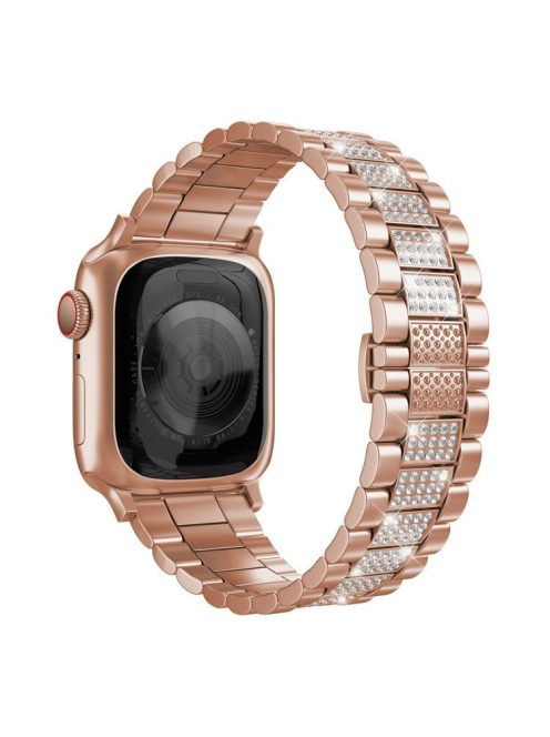 For Apple Watch Series 10 46mm / Ultra 2 Ultra 49mm /  Series 9 8 7 45mm / 6 5 4 SE (2023) SE (2022) SE 44mm / 3 2 1 42mm Three Beads Metal Watch Band Bling Rhinestone Decor Bracelet - Rose Gold