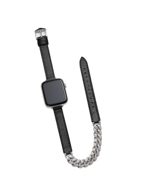 For Apple Watch Series 10 46mm / Ultra 2 Ultra 49mm /  Series 9 8 7 45mm / 6 5 4 SE (2023) SE (2022) SE 44mm / 3 2 1 42mm Watch Band Chain Leather Strap - Black