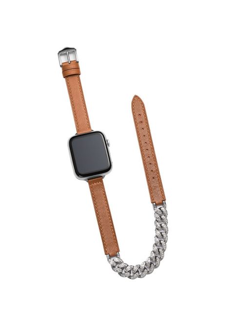 For Apple Watch Series 10 46mm / Ultra 2 Ultra 49mm /  Series 9 8 7 45mm / 6 5 4 SE (2023) SE (2022) SE 44mm / 3 2 1 42mm Watch Band Chain Leather Strap - Brown