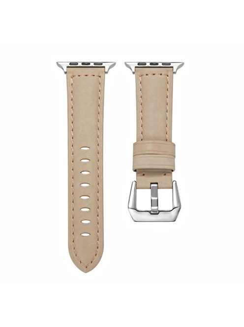 For Apple Watch Series 10 46mm / Ultra 2 Ultra 49mm /  Series 9 8 7 45mm / 6 5 4 SE (2023) SE (2022) SE 44mm / 3 2 1 42mm Watch Band Genuine Leather Silver Buckle Replacement Strap - Matte Beige