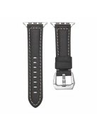 For Apple Watch Series 10 46mm / Ultra 2 Ultra 49mm /  Series 9 8 7 45mm / 6 5 4 SE (2023) SE (2022) SE 44mm / 3 2 1 42mm Watch Band Genuine Leather Silver Buckle Replacement Strap - Matte Black