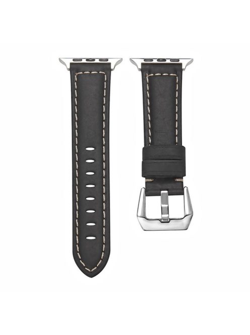 For Apple Watch Series 10 46mm / Ultra 2 Ultra 49mm /  Series 9 8 7 45mm / 6 5 4 SE (2023) SE (2022) SE 44mm / 3 2 1 42mm Watch Band Genuine Leather Silver Buckle Replacement Strap - Matte Black